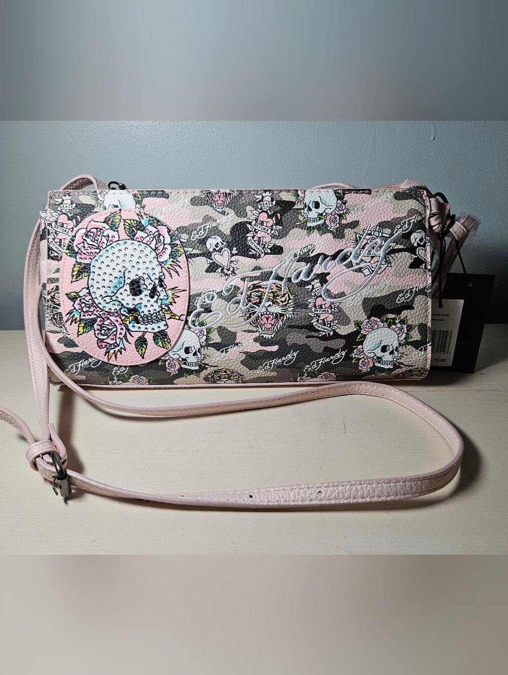 NWT Ed Hardy Abby East West Camo Shoulder Bag - Pink Y2K Tattoo Print